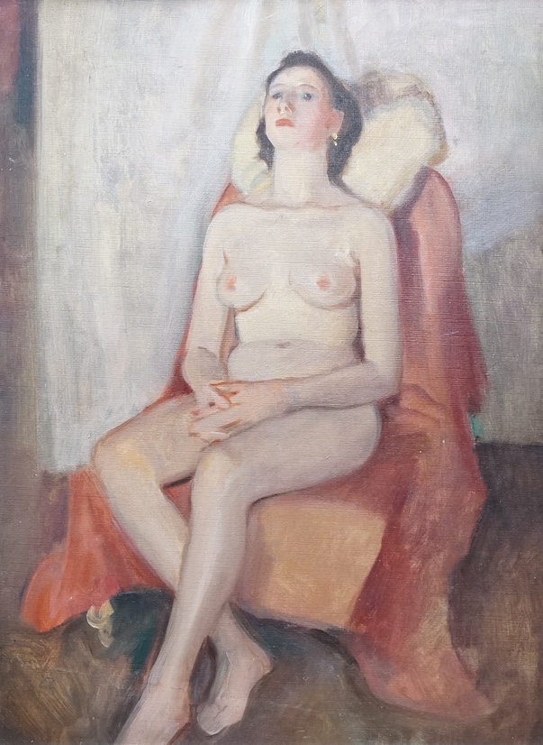 Francis Helps (1890-1972), oil on board, Study of a nude woman, inscribed verso, 39 x 28cm. Condition- good